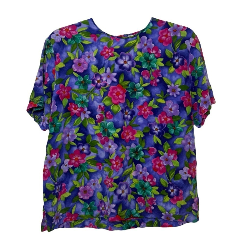 Vtg 90s Silk Floral Shirt Top Size 8 Petite = Medium Purple Pink Liz Claiborne